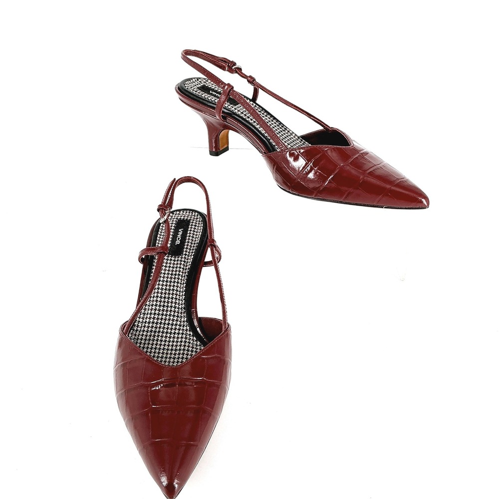 Vince Size 8.5 Burgundy Croc Print Leather Slingback Kitten Heels NEW Pumps $375 - Picture 12 of 16